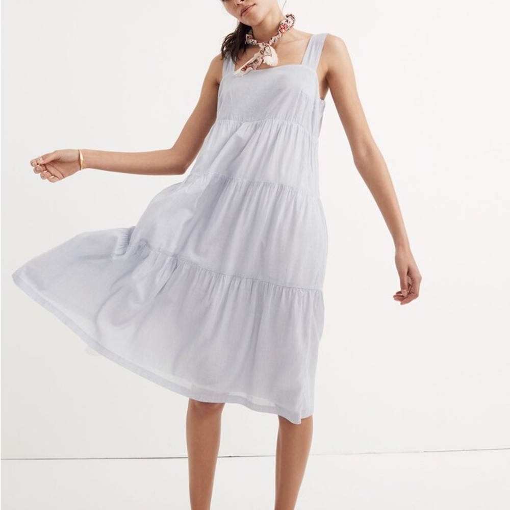 Madewell Light Blue Striped Tiered Midi Dress